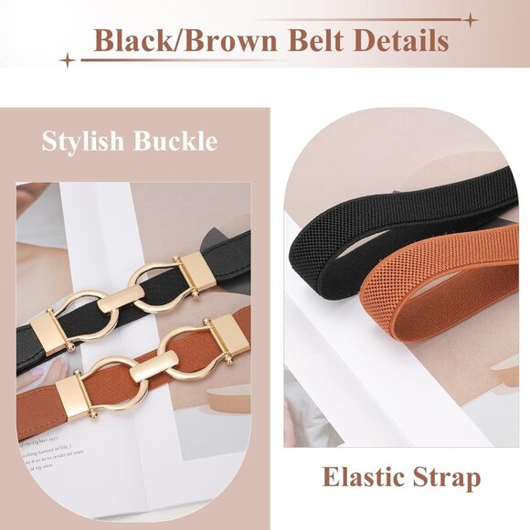 Skinny Elastic Belt Pack for Women Adjustable Fit Dress Waist Gold Buckle - Picture 3 of 5